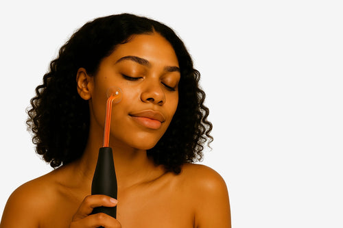 Woman using a high frequency wand for glowing skin at home – best device for anti-aging and acne treatment