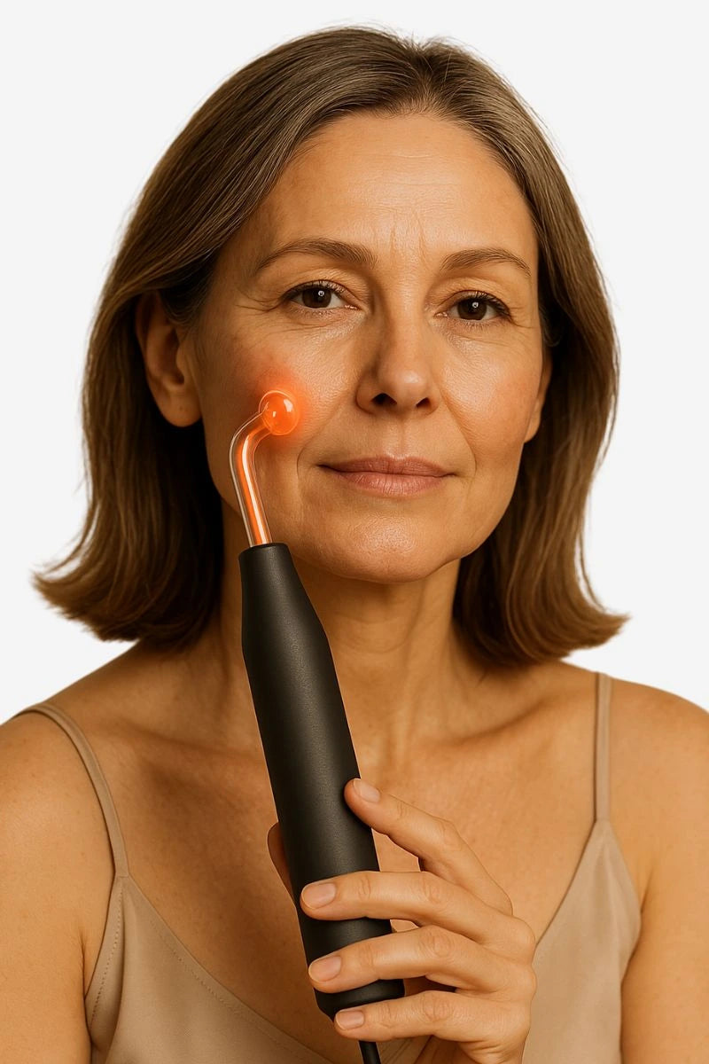 Woman using a high frequency wand for glowing skin at home – best device for anti-aging and acne treatment